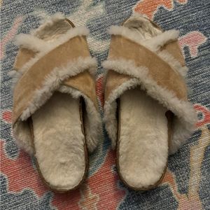 $450 Jenni Kayne Genuine Shearling Lined Slide Sandal TAN BROWN SUEDE 38